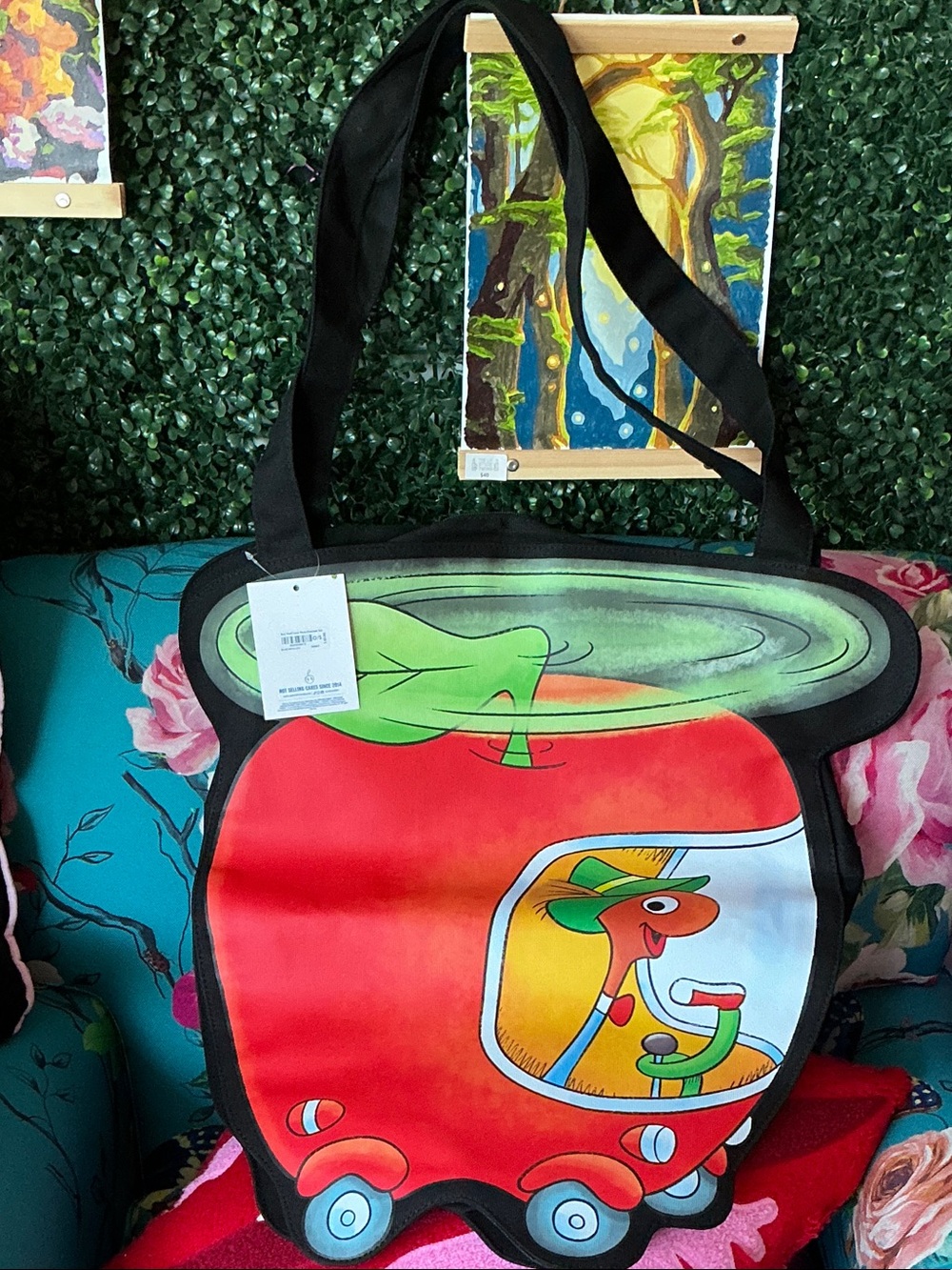 Richard Scarry’s Novelty Red Apple Tote Bag with Playful Cartoon Design